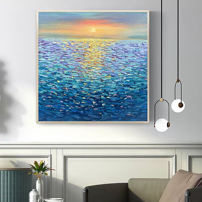 Large Ocean Landscape Oil Painting on Canvas, Original Abstract Sunset ...