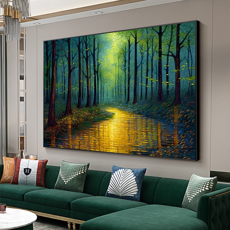 Abstract Forest Oil Painting On Canvas, Large Wall Art,Original Green Tree Painting River Landscape Art,Custom Painting,Living Room Decor