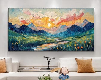 Original Mountain Scenery Oil Painting On Canvas, Large Wall Art, Abstract Sunset Landscape Art, Custom Minimalist Living Room Home Decor