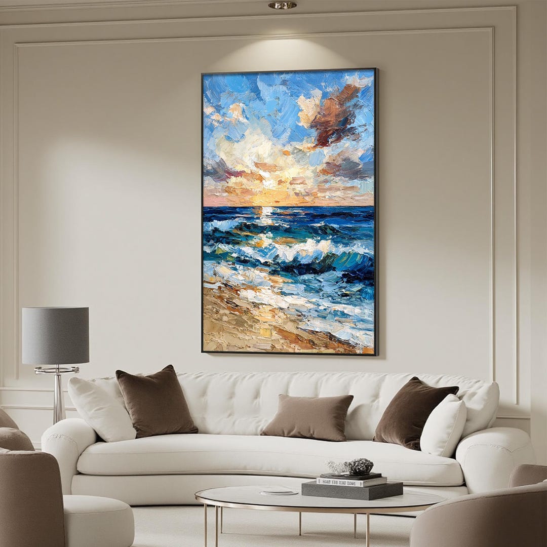 Abstract Sunset Seascape Oil Painting on Canvas, Large Textured Wall ...