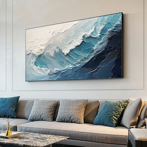 Original Ocean Wave Oil Painting On Canvas, Large Wall Art, Abstract Minimalist Painting, Custom Blue Sea Wall Art Living Room Decor Gift