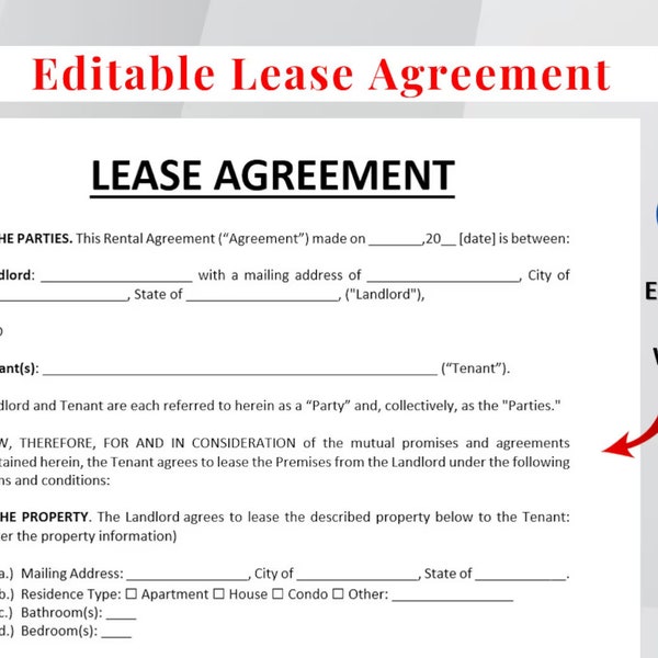 Printable Rental Agreement Template. Lease Contract Template. Landlord Forms. Digital Download Apartment Contract. Residential Housing