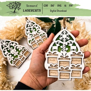 家族のクリスマスオーナメント SVG、9 人のメンバー、ツリーのレイヤードオーナメントバンドル SVG CDR DXF AI PDF レーザーカットファイル、Glowforge デジタルダウンロード