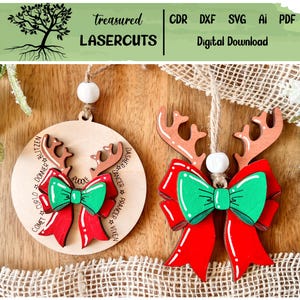 Rendierornament SVG, rendierornament lasergesneden, coquette Bow SVG, kerstornament lasergesneden bestand, Glowforge, digitale download