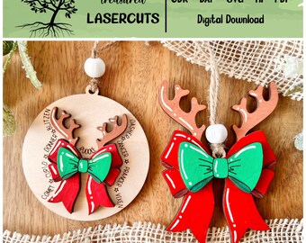 Reindeer Ornament SVG, Reindeer Ornament Laser Cut, Coquette Bow SVG, Christmas Ornament Laser Cut File, Glowforge, Digital Download