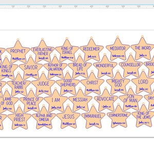 May include: A set of 25 peach-colored star-shaped ornaments with purple text. Each star features a different title and scripture reference related to Jesus Christ. The titles include "The Rock", "Prophet", "Everlasting Father", "King of Israel", "Author of Salvation", "Bread of Life", "Redeemer", "Mediator", "The Word", "True Vine", "Wonderful", "Counsellor", "Bridegroom", "Creator", "Teacher/Rabbi", "Judge", "Good Shepherd", "Christ", "Mighty God", "Lord", "Fountain of Living Waters", "The Almighty", "Lamb of God", "Prince of Peace", "I Am", "Messiah", "Advocate", "Son of Man", "Dayspring", "Master", "High Priest", "Alpha and Omega", "Jesus", "Immanuel", "Cornerstone", "King of the Jews", and "Shiloh".