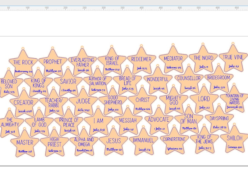May include: A set of 25 peach-colored star-shaped ornaments with purple text. Each star features a different title and scripture reference related to Jesus Christ. The titles include "The Rock", "Prophet", "Everlasting Father", "King of Israel", "Author of Salvation", "Bread of Life", "Redeemer", "Mediator", "The Word", "True Vine", "Wonderful", "Counsellor", "Bridegroom", "Creator", "Teacher/Rabbi", "Judge", "Good Shepherd", "Christ", "Mighty God", "Lord", "Fountain of Living Waters", "The Almighty", "Lamb of God", "Prince of Peace", "I Am", "Messiah", "Advocate", "Son of Man", "Dayspring", "Master", "High Priest", "Alpha and Omega", "Jesus", "Immanuel", "Cornerstone", "King of the Jews", and "Shiloh".