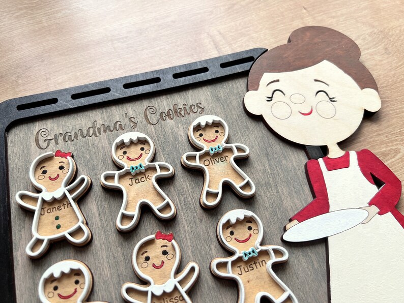 K&ouml;nnte beinhalten: Holzschild mit dem Text "Grandma's Cookies" und einer Ausschneidung einer Frau, die einen Teller h&auml;lt. Es gibt auch Ausschnitte von Lebkuchenm&auml;nnern mit Namen wie "Jack", "Oliver" und "Justin".