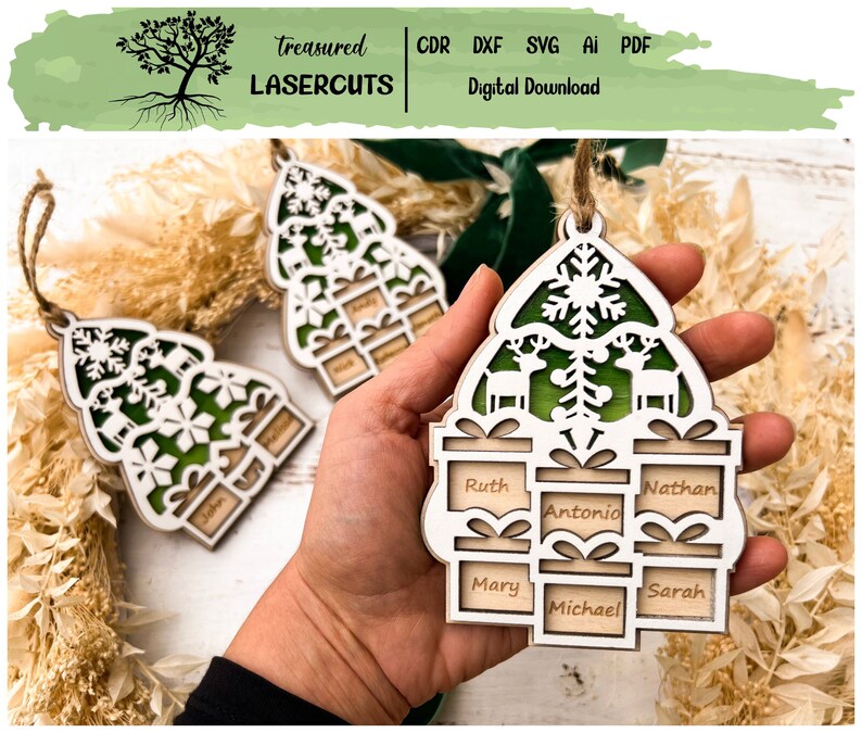 Family Christmas Ornament SVG, 9 members,Tree Layered Ornament Bundle Svg Cdr Dxf Ai Pdf Laser Cut File, Glowforge Digital Download