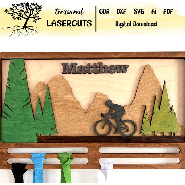 Cycling Medal Hanger Laser Cut, Cyclist Medal Display Svg, Personalised Cycling Medal Display Glowforge, Laser Cut File, Digital Download