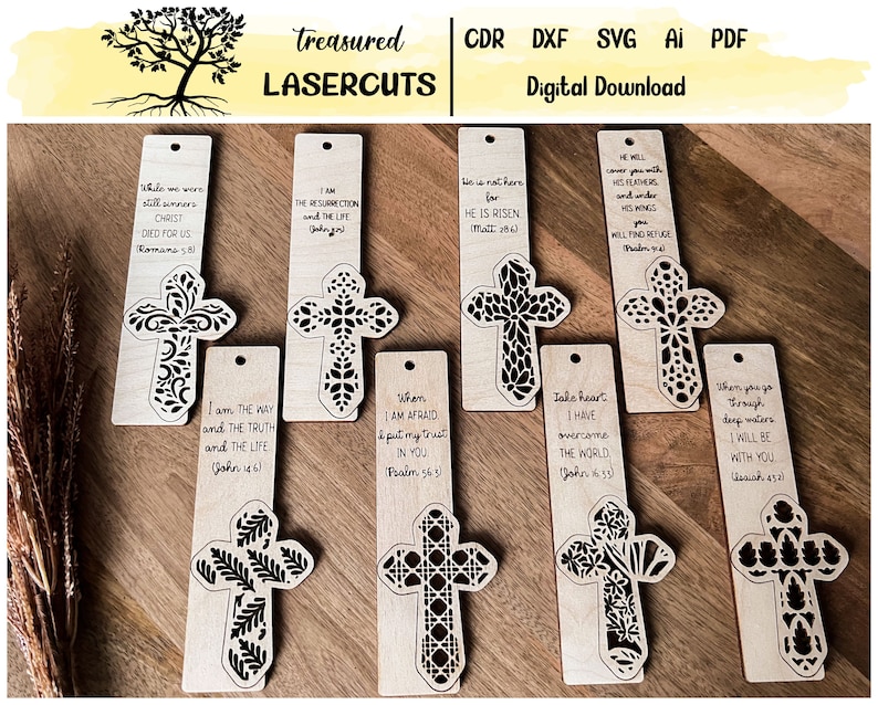 May include: Set of ten laser cut wooden bookmarks featuring a cross design with various intricate patterns and inspirational bible verses. The bookmarks are all in a light wood tone with black text and designs.