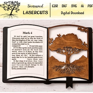 Può includere: Un libro di legno con un'incisione di un albero con radici e un paesaggio montano. Il libro è aperto e il testo "Marco 4" è visibile sulla pagina sinistra. Il testo recita: "30 E disse: grandi rami; Dove andremo dunque perché gli uccelli dell'aria possano abitare in Dio? O con cosa sotto l'ombra della comparazione lo confronteremo? 33 E con molte 31 È come un seme tali parabole parlava lui la parola a loro, come loro erano seminati nella terra, è in grado di sentirla. minore di tutte le 34 Ma senza una semi che sono nella parabola non parlava lui no terra: a loro: e 32 Ma quando è quando loro erano seminati, cresce, da solo, lui spiegò e diventa tutte le cose ai suoi più grandi di tutti discepoli. erbe, e germoglia"
