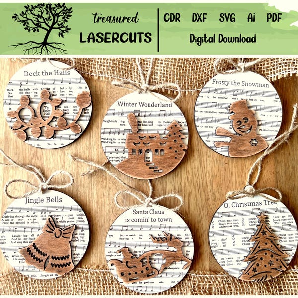 Christmas Ornaments SVG, Christmas Ornaments Laser, Christmas Ornament Glowforge, Music Sheet Ornament SVG, Digital Download