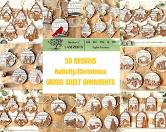 Paquete SVG de adornos de natividad con partituras musicales, adornos de natividad SVG, adornos navideños SVG, archivo cortado con láser de adornos navideños, descarga digital
