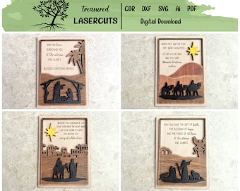 May include: Four digital download designs for laser cut Christmas cards. Each card features a different scene from the Nativity story, including the star of Bethlehem, the three wise men, and the shepherds. The cards are made of wood and have a rustic look.
