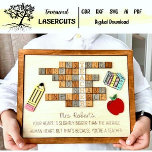 Teacher Gift SVG File, Cut and Score Crossword Teacher Glowforge, Teacher Appreciation Laser File, Gift SVG, Ai, Pdf, Dxf, Cdr Digital