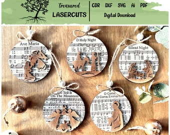 Krippe Ornament SVG, Weihnachtsverzierung SVG, Musik Notenblatt Krippe Ornament SVG, Weihnachtsverzierung Laser geschnitten Datei, digitaler Download