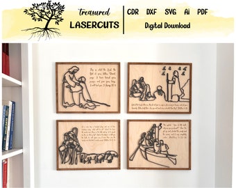 May include: Four wood-framed laser cut designs with black outlines of biblical scenes and scripture verses. The designs include Jesus praying with a man, Jesus walking on water, Jesus feeding the multitudes, and Jesus calming the storm.