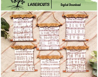 Adorno de partitura musical cortada con láser en formato SVG, archivo para adorno de nacimiento, Navidad Glowforge, villancicos, descarga digital