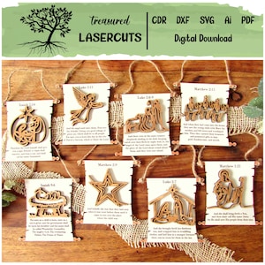 May include: Wooden Christmas ornaments with Bible verses, including an angel, star, and nativity scene. Each ornament is laser-cut and attached to a small card with text. The ornaments are displayed on a wooden surface with twine.