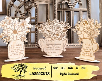 Teacher Gift SVG, Teacher Engraved Gift Svg, Flower Jar Bundle Laser Cut File, Flower Vase Glowforge, Coloring Card Svg Pdf Ai Cdr Dxf