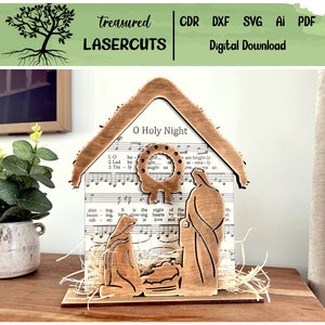 Siedząca na półce szopka SVG, Scena szopki SVG, Dekoracja świąteczna SVG, Plik do cięcia laserowego szopki, Pliki Glowforge, Pobieranie cyfrowe