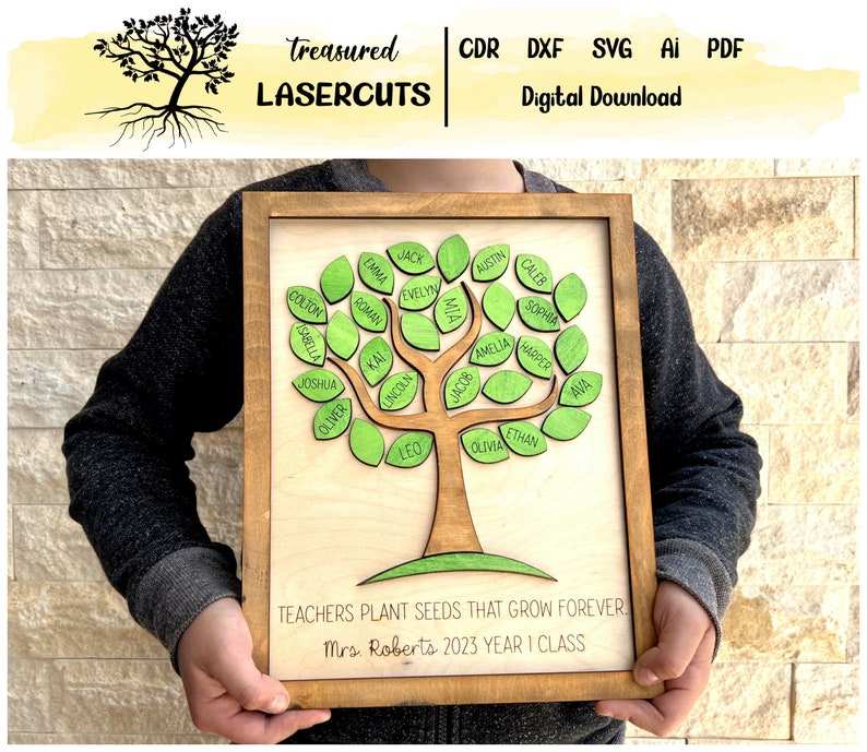 Op de afbeelding: Een ingelijste houten boom met groene bladeren, elk blad heeft de naam van een leerling erop. De tekst onder de boom luidt "Leraren planten zaden die voor altijd groeien. Mevrouw Roberts 2023 Jaar 1 Klas".
