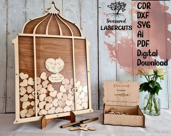 May include: A wooden birdcage shaped wedding guest book with a clear acrylic front. The cage is decorated with two birds and a heart. The cage is on a wooden stand. A small wooden box with a lid is also included. The box has the text "Bun venit la nunta noastra!" on the lid.