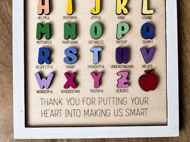 May include: A wooden alphabet chart with colourful letters and words describing positive character traits. The words include helpful, inspiring, joyful, kind, loving, motivated, nurturing, optimistic, patient, quirky, respectful, smart, thoughtful, understanding, valued, wonderful, xenodochial, youthful, and zealous. The chart also includes a red apple and the text "THANK YOU FOR PUTTING YOUR HEART INTO MAKING US SMART."