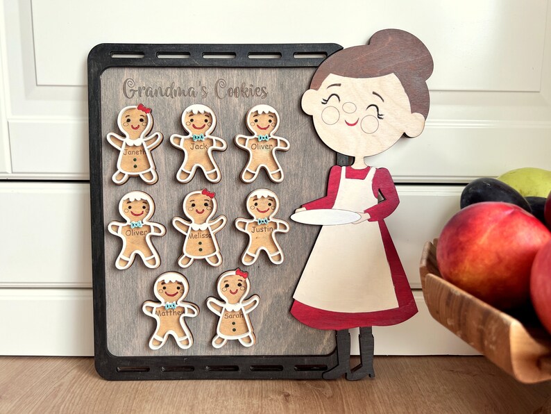 K&ouml;nnte beinhalten: Ein Holz-Lebkuchen-Adventskalender mit einer Lebkuchenfrau, die einen Teller h&auml;lt. Der Kalender zeigt acht Lebkuchenm&auml;nner mit Namen wie "Janet", "Jack", "Oliver", "Melissa", "Justin", "Oliver", "Matthew" und "Sarah". Der Kalender tr&auml;gt den Titel "Grandma's Cookies".