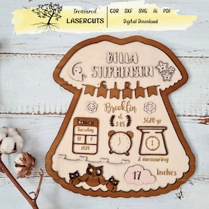Annonce de bébé Stats Photo Prop / Conception de signe de naissance / Détails de naissance Fichier de coupe numérique Fichier SVG Glowforge Découpe au laser
