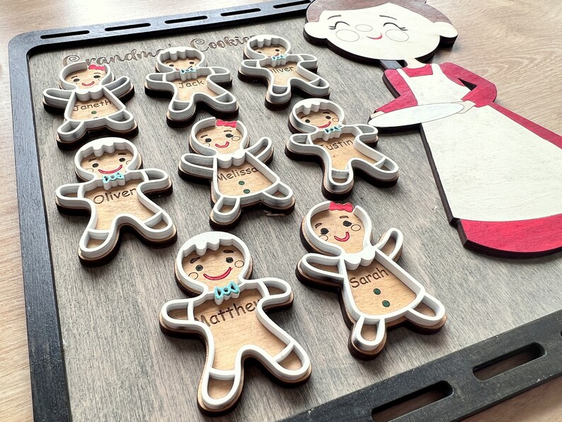 K&ouml;nnte beinhalten: Ein Holz-Lebkuchen-Kekse-Dekorationsset mit acht Lebkuchenmann-Formen, jede mit einem anderen Namen. Das Set enth&auml;lt au&szlig;erdem eine gr&ouml;&szlig;ere Lebkuchenmann-Form mit einem rot-wei&szlig;en Kleid und einem Teller in den H&auml;nden. Der Text "Grandma's Cookies" ist auf dem Holzbrett geschrieben.