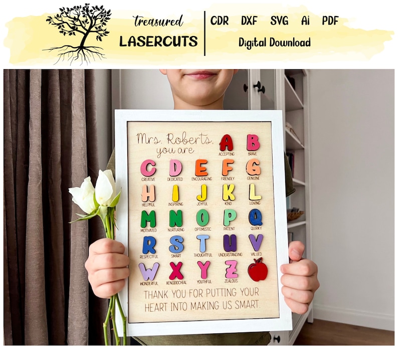 May include: A wooden sign with a white frame, featuring a colourful alphabet with positive adjectives for each letter. The sign reads "Mrs. Roberts. You are" and "Thank you for putting your heart into making us smart."