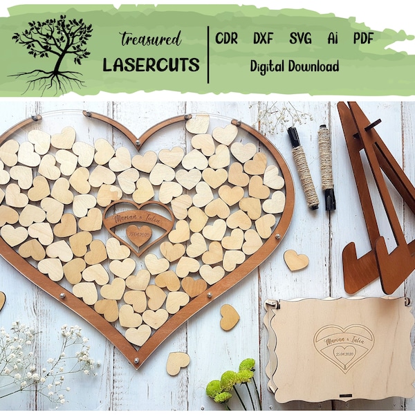 Heart Shaped Wedding Guest Book,  Drop box Guest Book Digital Design - SVG PDF CDR Dxf Ai Laser Cut File Laser cut - instant download