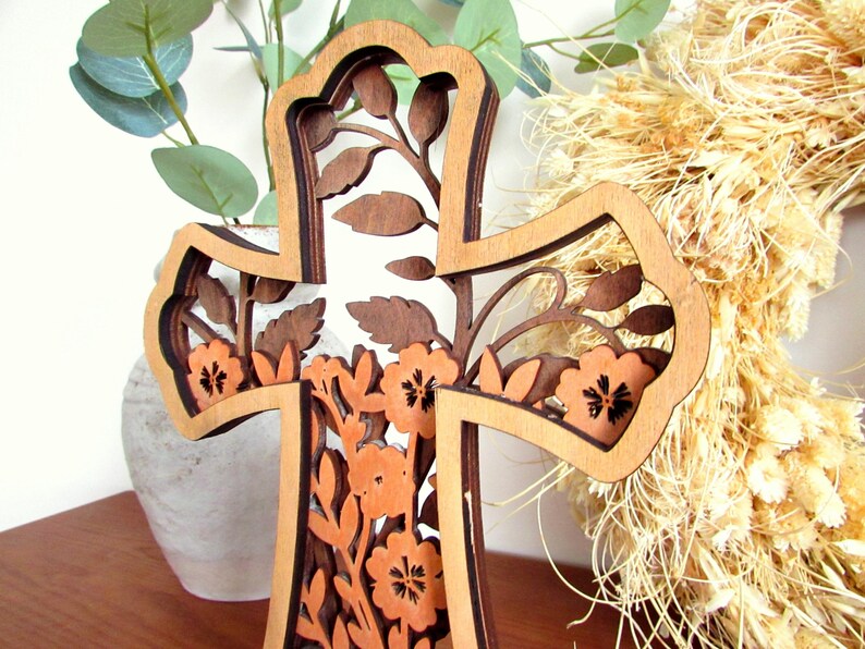 Laser Cut Christian Wooden Decor Set of 3 | Floral Cross | Layered ...