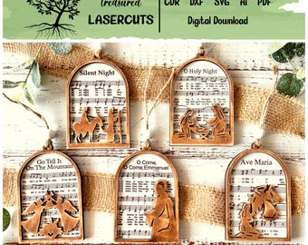 Krippe Ornament SVG, Weihnachtsverzierung SVG, Musik Notenblatt Krippe Ornament SVG, Weihnachtsverzierung Laser geschnitten Datei, digitaler Download