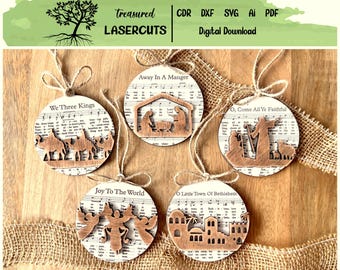 Nativity Ornament SVG, Christmas Ornament Svg, Music Sheet Nativity Ornament SVG, Christmas Ornament Laser Cut File, Digital Download