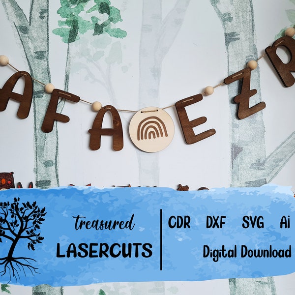 Wooden Name Garland Laser Cut File, Baby Room Banner Alphabet and Numbers SVG, CDR, Vector, for Lasercut, Glowforge