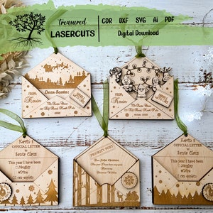 Paquete de adornos de carta a Papá Noel SVG Vector 5 diseños cdr dxf svg ai para archivos digitales de lista de deseos navideños de Glowforge cortados con láser