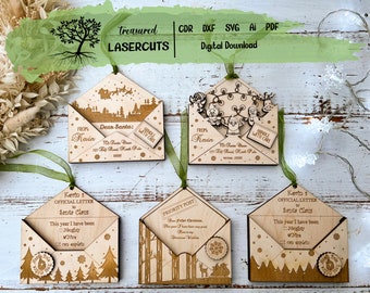 May include: Five wooden Christmas ornaments shaped like envelopes. Each envelope has a different design, including a Santa Claus scene, a snowman scene, and a forest scene. The ornaments are decorated with the text "From Kevin" and "To Santa Claus".