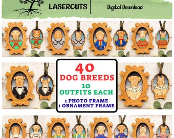 40 Dog Breeds Laser Cut Bundle | Dog Portrait SVG Set | 10 Outfits Each | Ornament & Photo Frame SVG, Glowforge xTool Files Digital Download