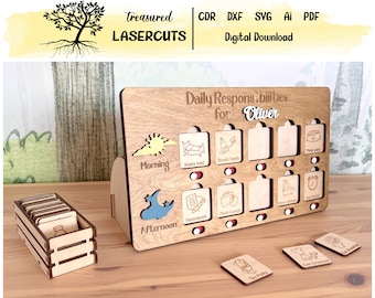 May include: A wooden daily responsibilities chart for a child named Oliver. The chart has a morning and afternoon section with slots for different activities, such as making the bed, brushing teeth, homework, and packing lunch. The chart comes with a set of wooden tokens that can be placed in the slots to indicate that the activity has been completed.