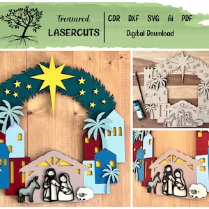 Christmas Wreath SVG, Nativity Wreath Sign SVG, Christmas Wreath Glowforge, Laser Cut File, Digital Download