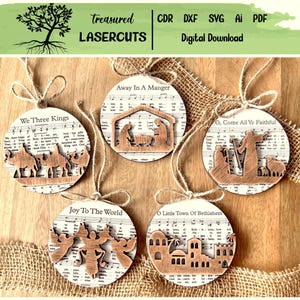 Ornamento con spartito musicale tagliato al laser in formato SVG, file di ornamento della Natività, Christmas Glowforge, canti natalizi, download digitale