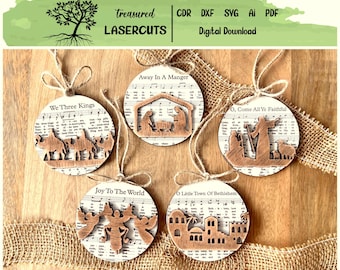Laser Cut Music Sheet Ornament SVG, Nativity Ornament File, Christmas Glowforge, Carols, Digital Download