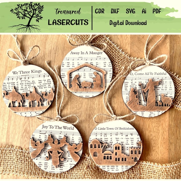 Laser Cut Music Sheet Ornament SVG, Nativity Ornament File, Christmas Glowforge, Carols, Digital Download