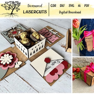May include: A wooden box with a pop-up design, decorated with flowers, hearts, and the words "Thank you" and "Best Mom". The box is open to reveal a smaller box inside, which is filled with chocolate sweets.