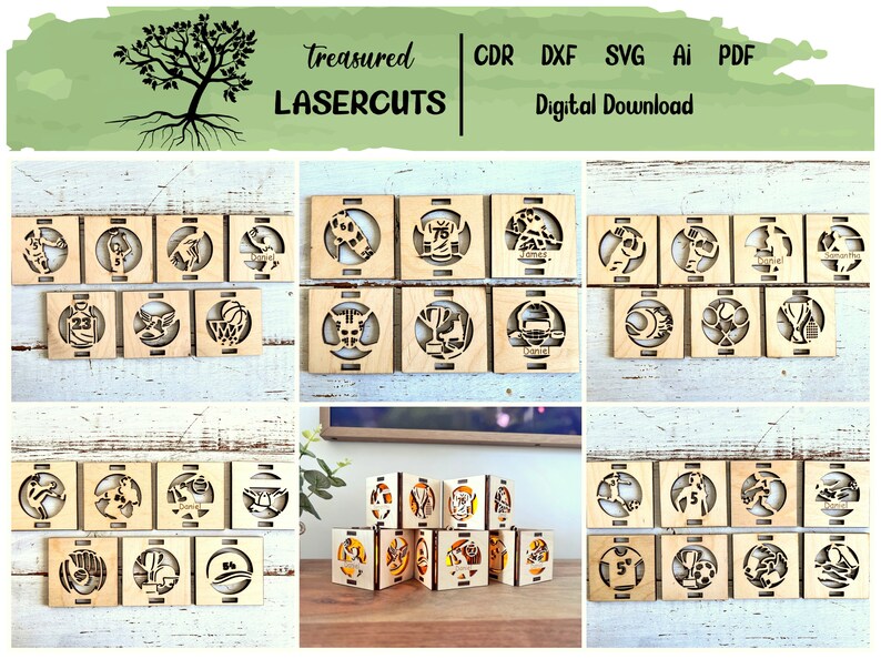 May include: A set of 12 laser cut wooden blocks featuring different sports designs. Each block has a different sport, such as basketball, football, baseball, and soccer. The blocks are perfect for a sports-themed party or as a gift for a sports fan.