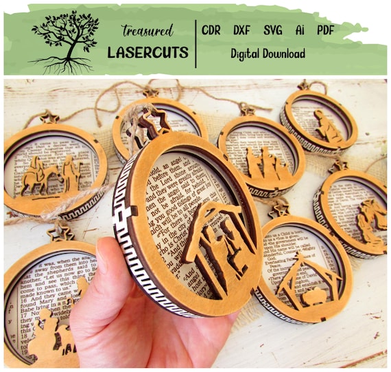 Laser Cut 3D Nativity Ornament SVG, Flexible Christmas Ornament Digital File, Scripture Ornament SVG, Glowforge, Digital Download