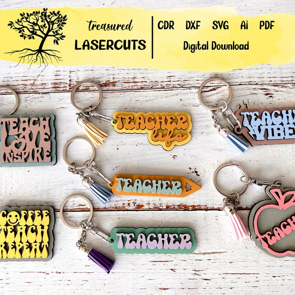 Teacher Keychain SVG Bundle, Teacher Gift SVG, Teacher laser file, Teacher Glowforge, Laser cut file, Digital Download